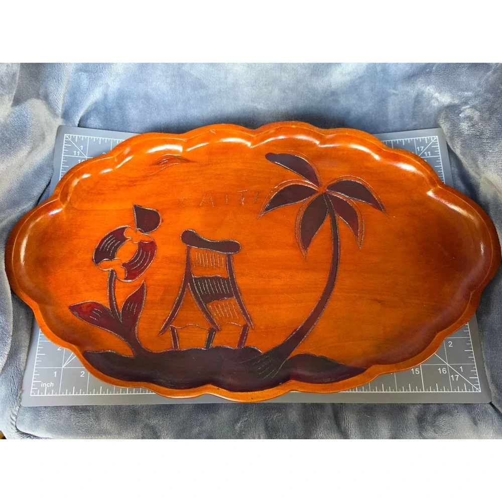 Vintage Haiti Hand Carved Wooden Tray Tropical Palm Tree Scalloped Platter